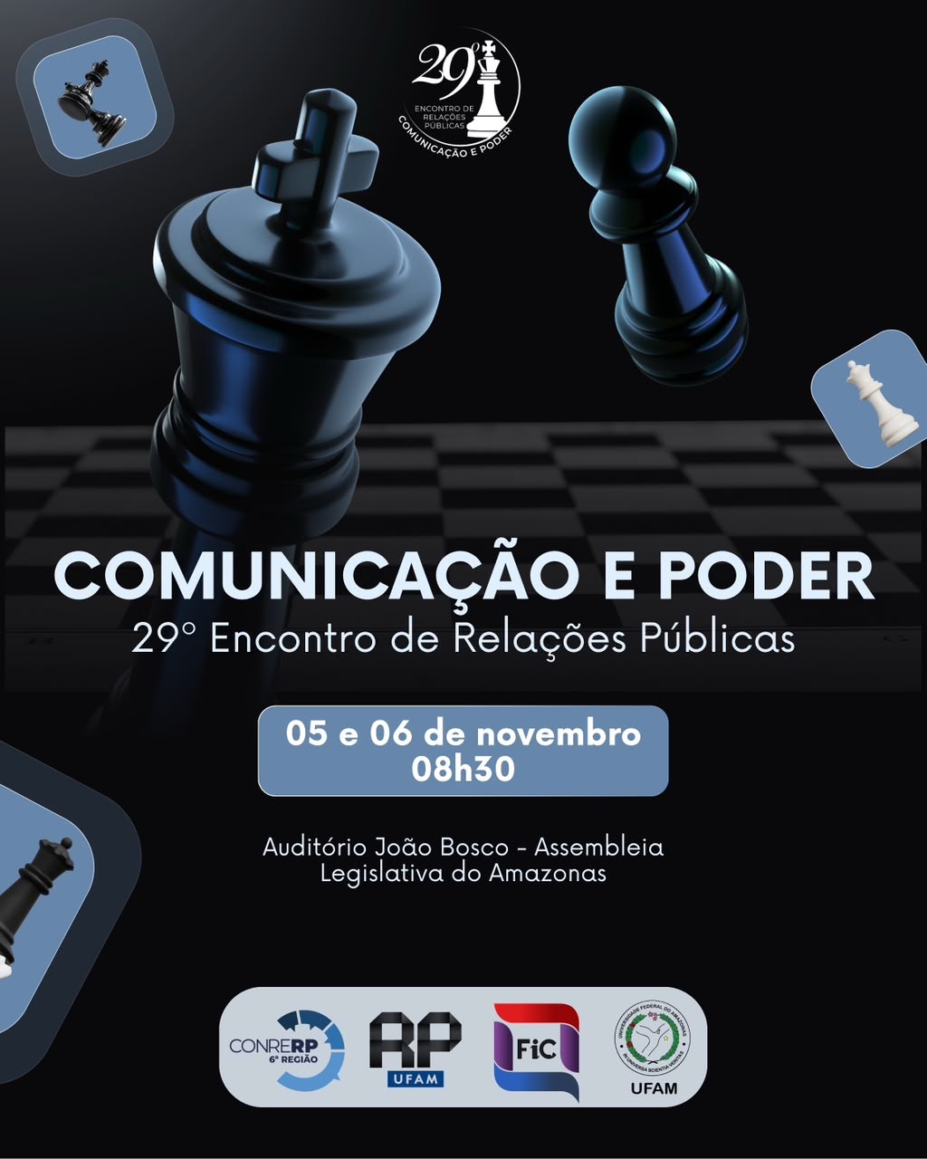 Cartaz do 29º Encontro de Relações Públicas – Comunicação e Poder, 5 e 6 de novembro, Auditório João Bosco, Assembleia Legislativa do Amazonas