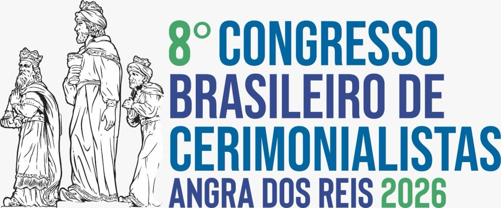 Logotipo do 8º Congresso Brasileiro de Cerimonialistas, Angra dos Reis 2026, com ilustração dos três Reis Magos